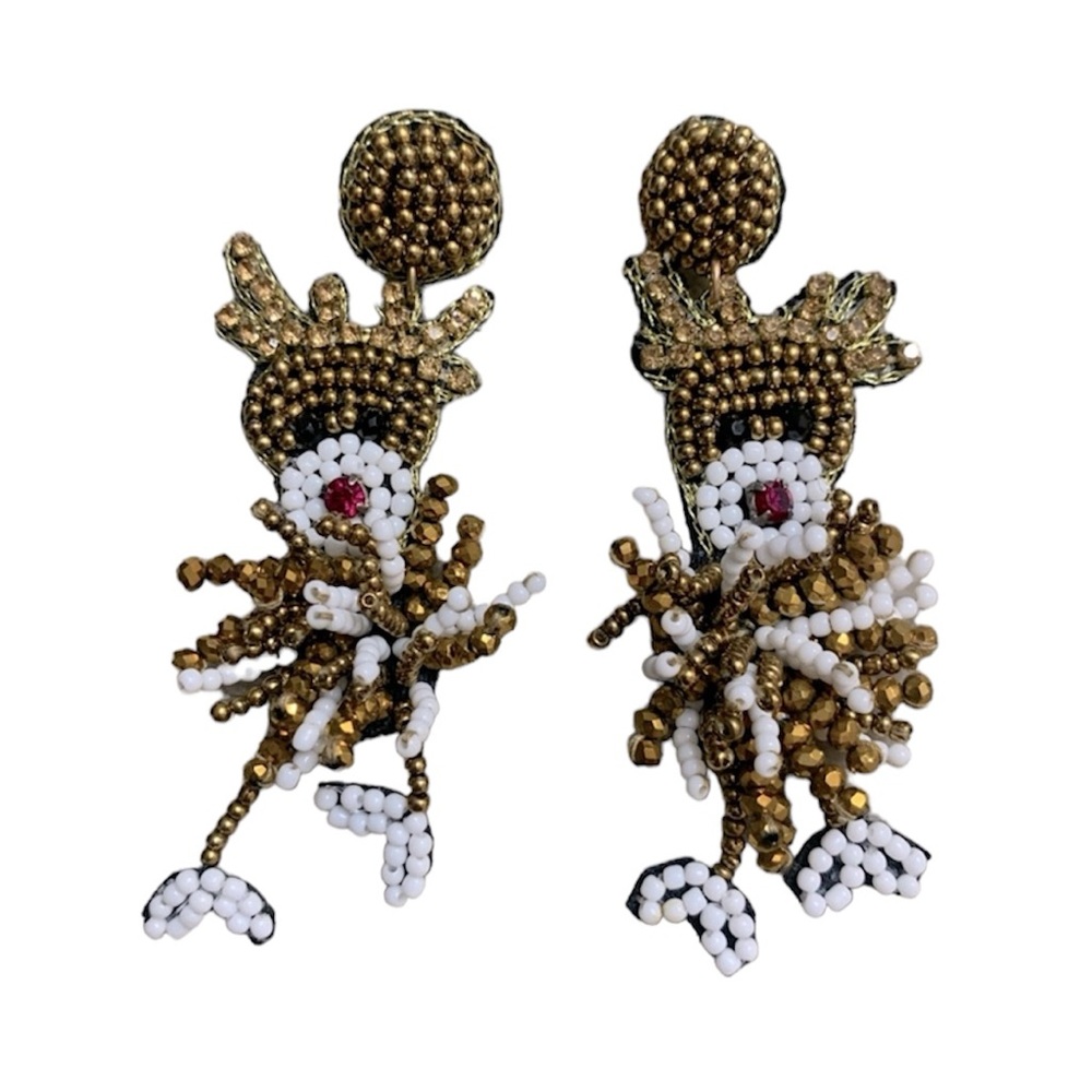 Winter Reindeer Beaded Christmas Dangle Holiday Post Back Earrings
